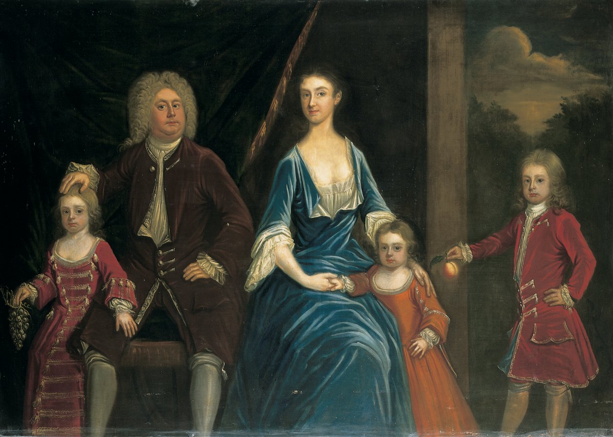 Gruppenporträt von Henry, 5. Lord Arundell von Wardour und seiner Frau Elizabeth, zusammen mit ihren Kindern, in einem Innenraum, eine Landschaft im Hintergrund von James Francis Maubert