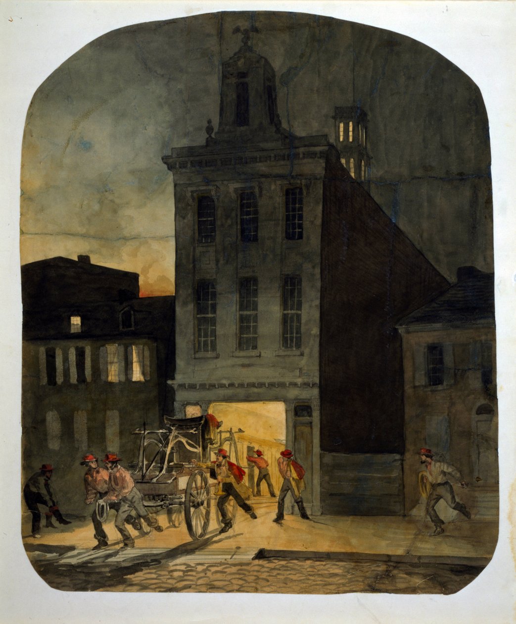 Philadelphia Feuerwehr verlässt die Kaserne, um zu einem Brand zu fahren. Aquarell von James Fuller Queen (1820-1866) 1857 von James Fuller Queen