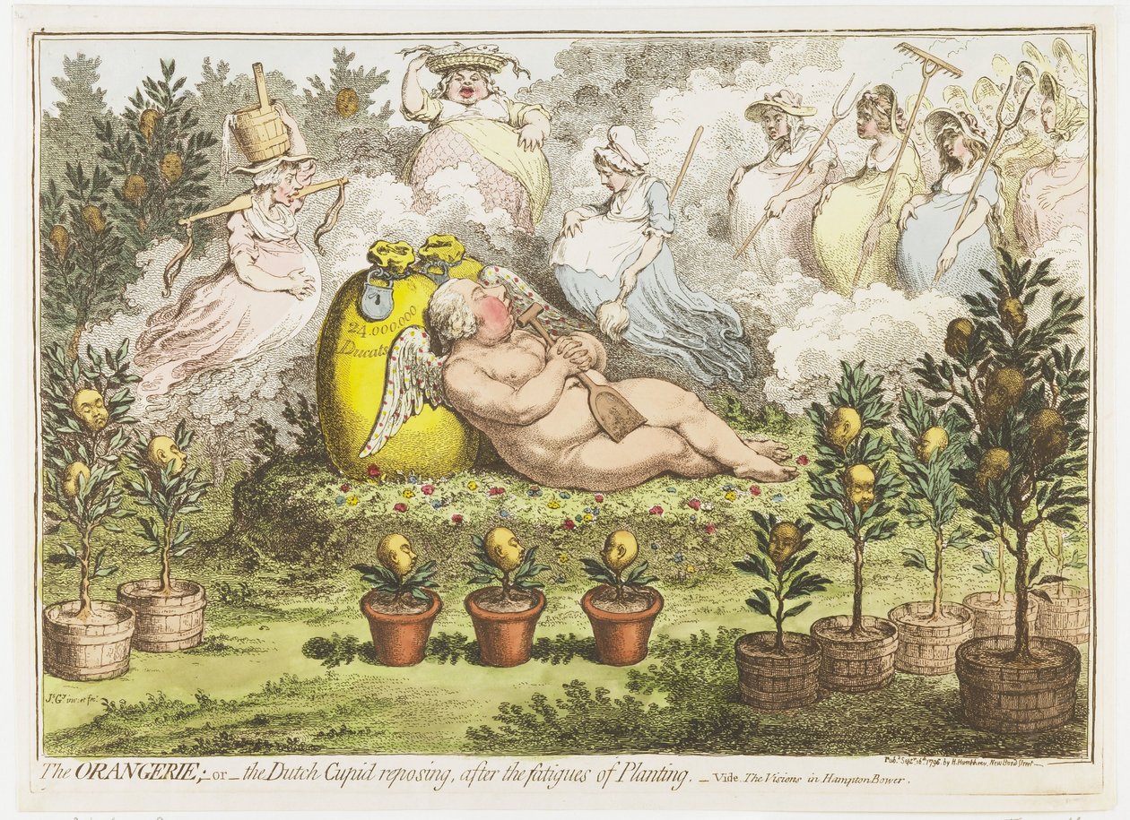Die Orangerie: Der holländische Amor, ausruhend von den Mühen des Pflanzens, 1796 von James Gillray (signed by artist)