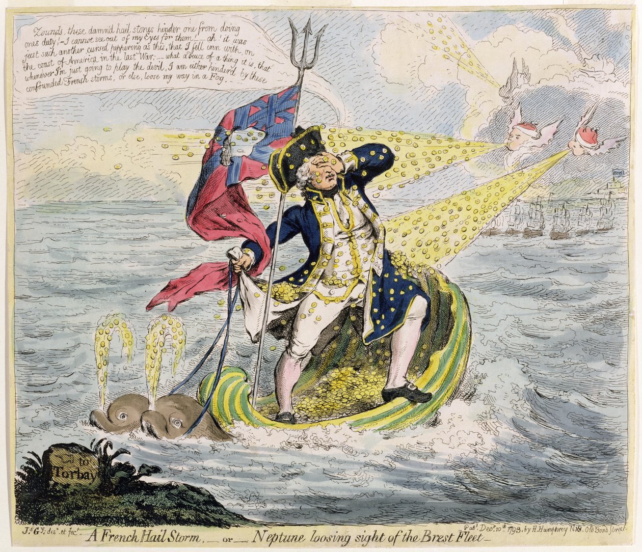 Ein französischer Hagelsturm oder Neptun verliert die Brest-Flotte aus den Augen, veröffentlicht von Hannah Humphrey im Jahr 1793 von James Gillray