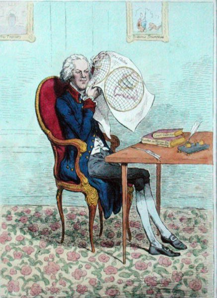 Ein scharfsichtiger Politiker entdeckt die britischen Eroberungen, veröffentlicht von Hannah Humphrey im Jahr 1795 von James Gillray