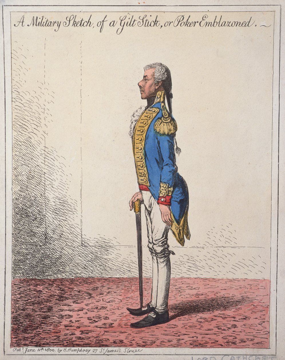 Eine militärische Skizze eines vergoldeten Stocks, veröffentlicht von Hannah Humphrey im Jahr 1800 von James Gillray