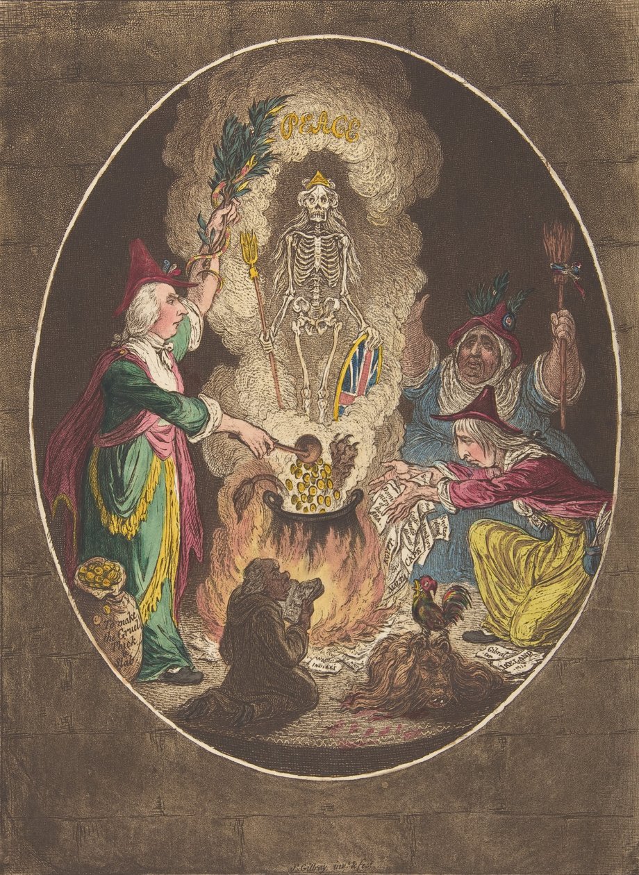 Eine Phantasmagorie, Szene - Beschwörung eines bewaffneten Skeletts, 5. Januar 1803 von James Gillray