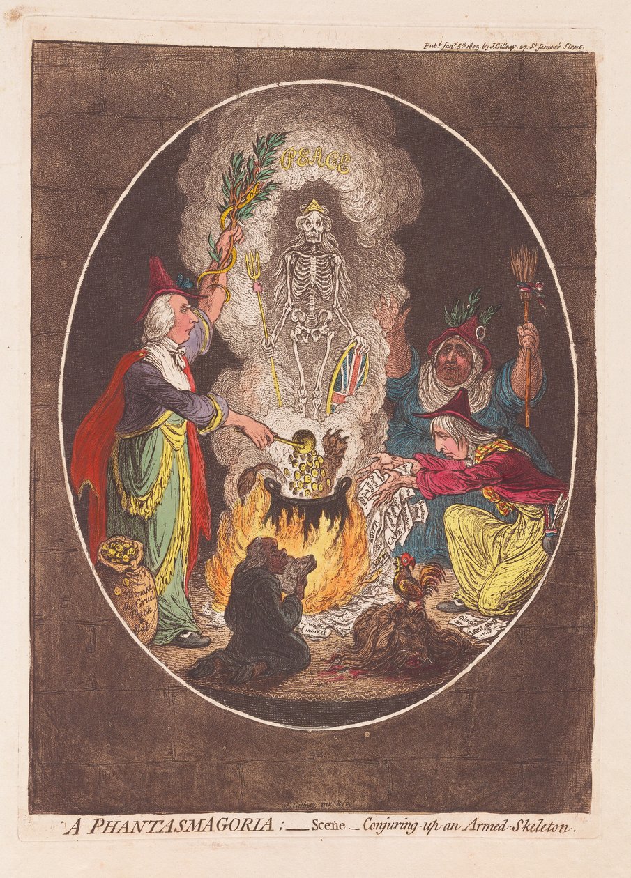 Eine Phantasmagorie: Szene - Heraufbeschwörung eines bewaffneten Skeletts, veröffentlicht 1803 von James Gillray
