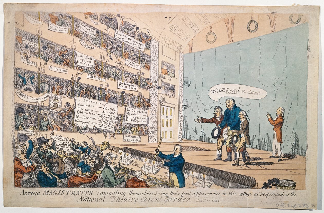 Handelnde Magistrate, die sich selbst verpflichten, bei ihrem ersten Auftritt im National Theatre Covent Garden, veröffentlicht 1809 von James Gillray