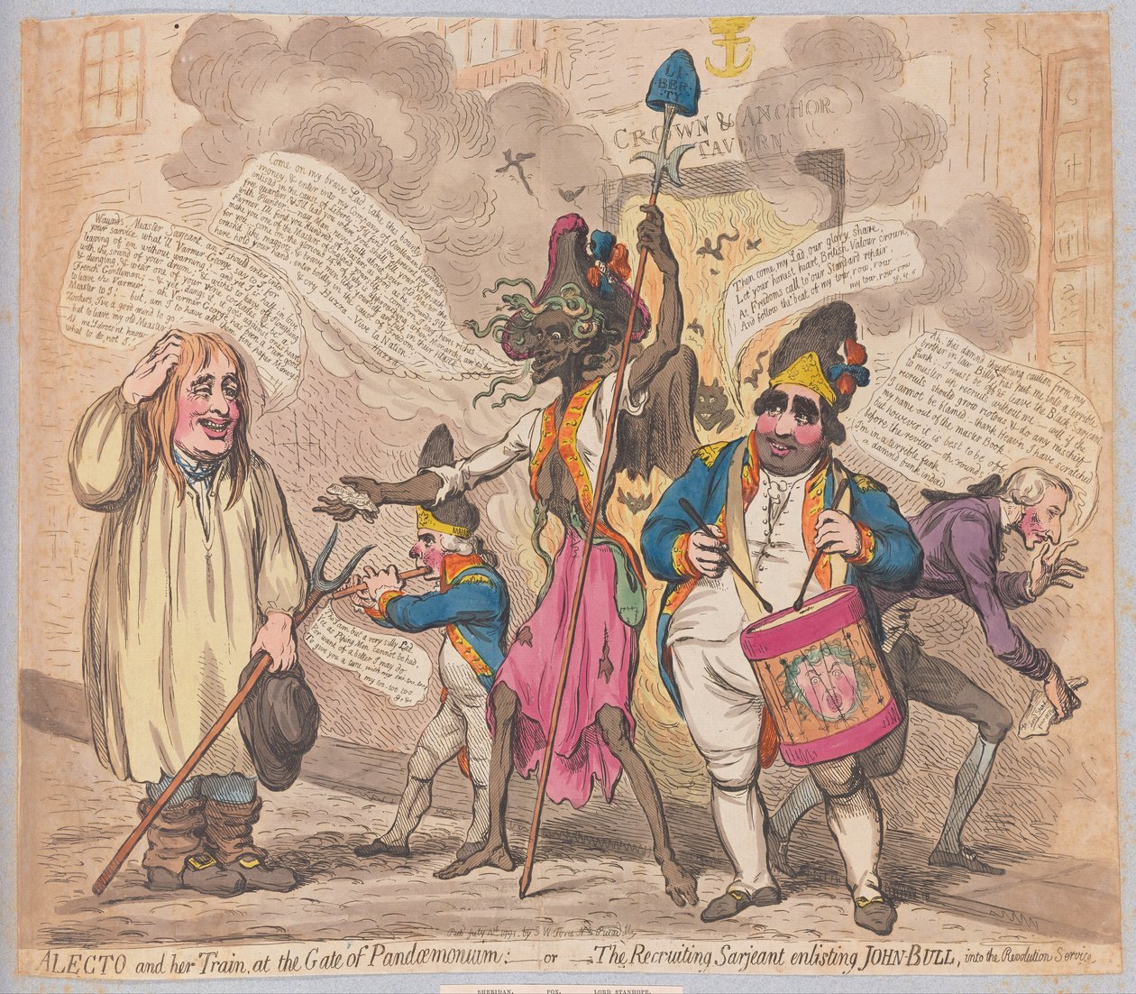 Alecto und ihr Gefolge am Tor von Pandaemonium oder der Rekrutierungssergeant wirbt John Bull für den Revolutionsdienst an, veröffentlicht (handkolorierte Gravur) von James Gillray