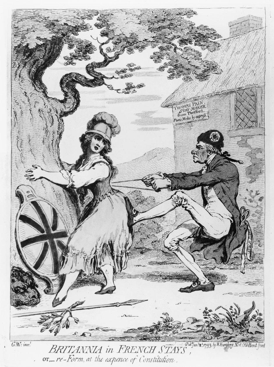 Britannia in französischen Korsetts oder Reform auf Kosten der Verfassung, veröffentlicht von Hannah Humphrey im Jahr 1793 von James Gillray