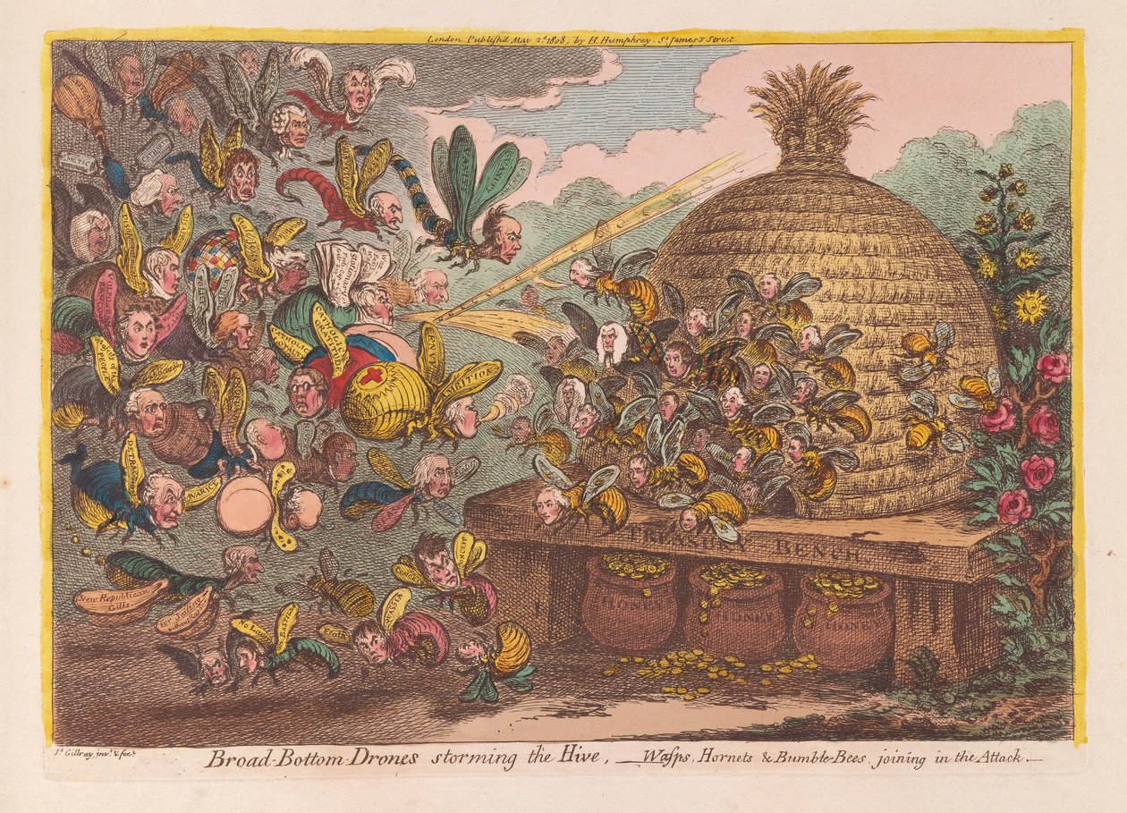 Breitbodige Drohnen stürmen den Bienenstock: Wespen, Hornissen und Hummeln schließen sich dem Angriff an, veröffentlicht 1808 von James Gillray