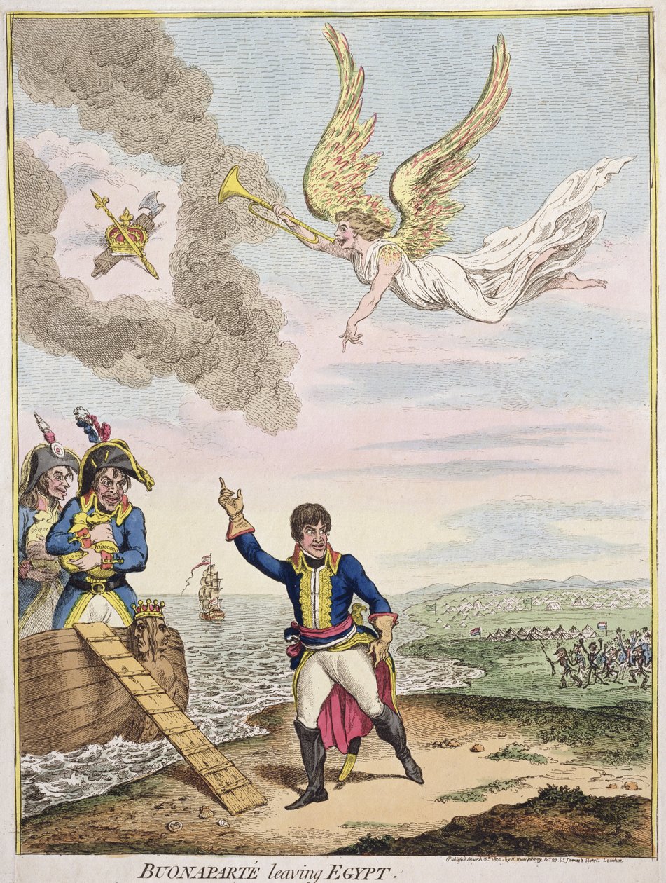 Buonaparte verlässt Ägypten, veröffentlicht von Hannah Humphrey im Jahr 1800 (handkolorierte Radierung) von James Gillray