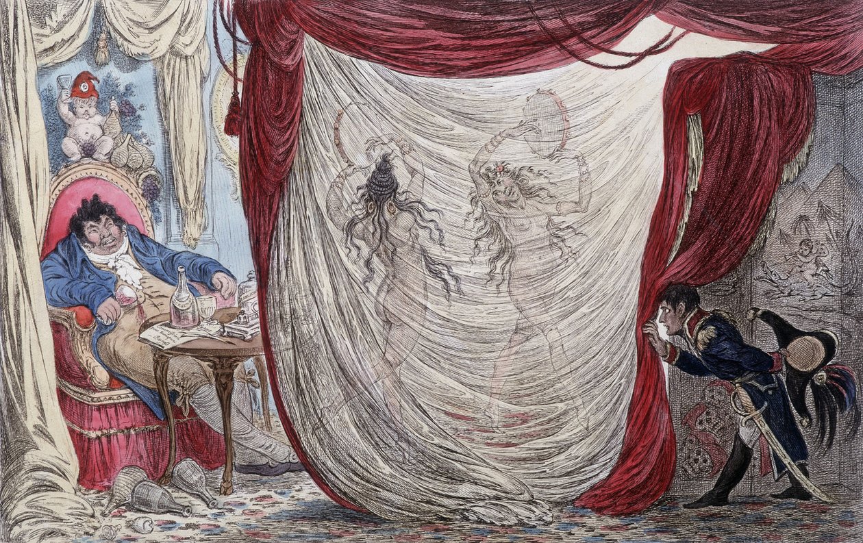 Karikatur über Napoleon, Paul Barras, Josephine und Mademoiselle de Fontenay, genannt auch Teresa (Theresa oder Terezia) Cabarrus, genannt Madame Tallien (Talien) oder diese Damen tanzen nackt für Barras, unter dem verstohlenen Blick von Napoleon [Josephin von James Gillray