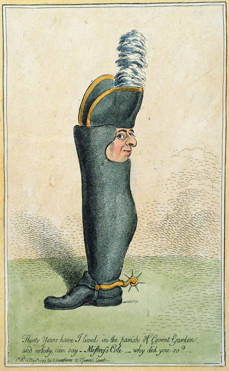Karikatur, die Colonel Justly Watson mit einem Stiefelkörper darstellt, veröffentlicht von Hannah Humphrey, 1797 von James Gillray