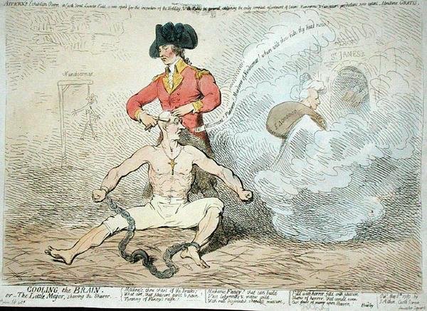 Das Gehirn kühlen, oder Der kleine Bürgermeister rasiert den Rasierer von James Gillray