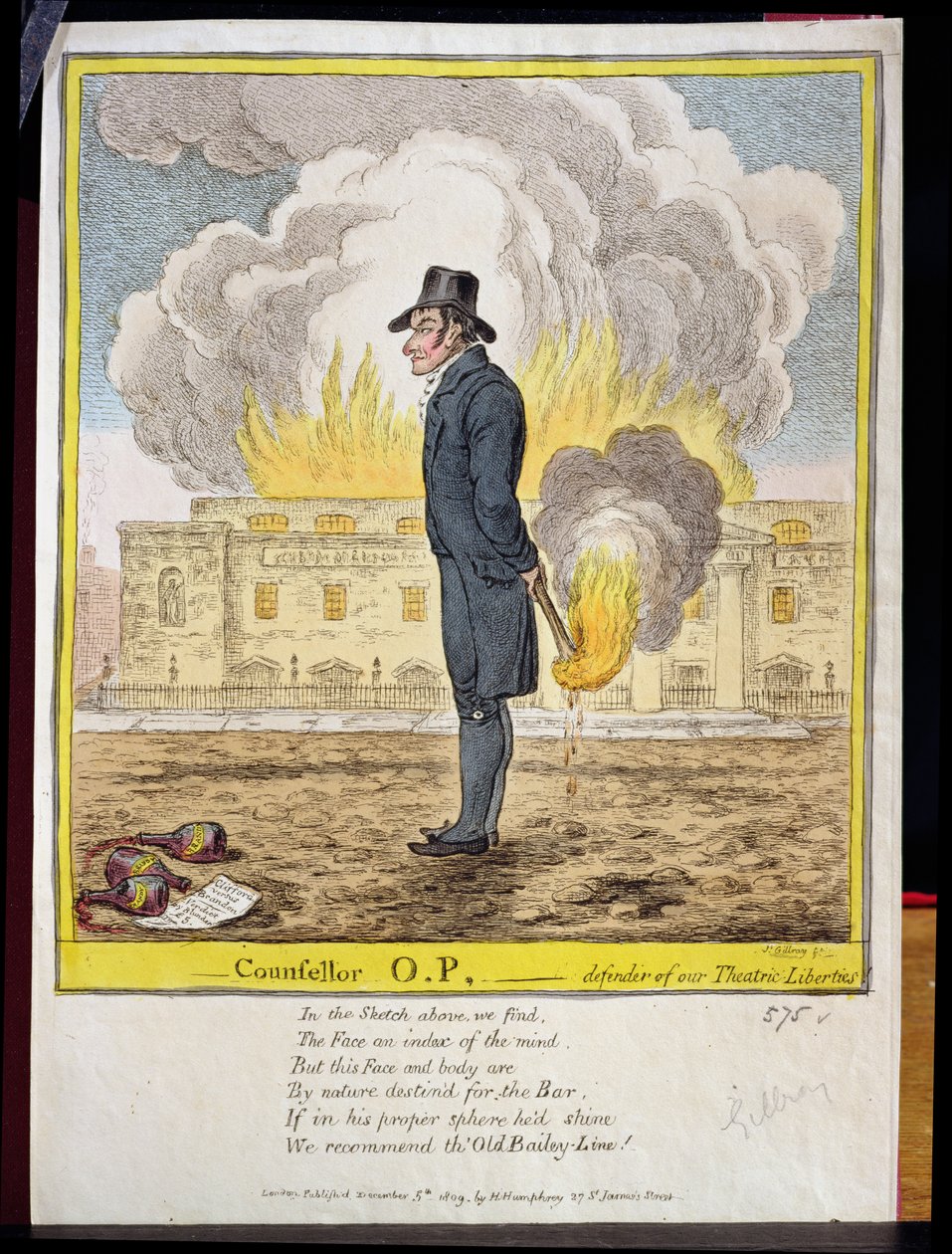 Berater O.P., Verteidiger unserer Theaterfreiheiten, zeigt das Brennen des Covent Garden Theaters, veröffentlicht von Hannah Humphrey, 1809 von James Gillray