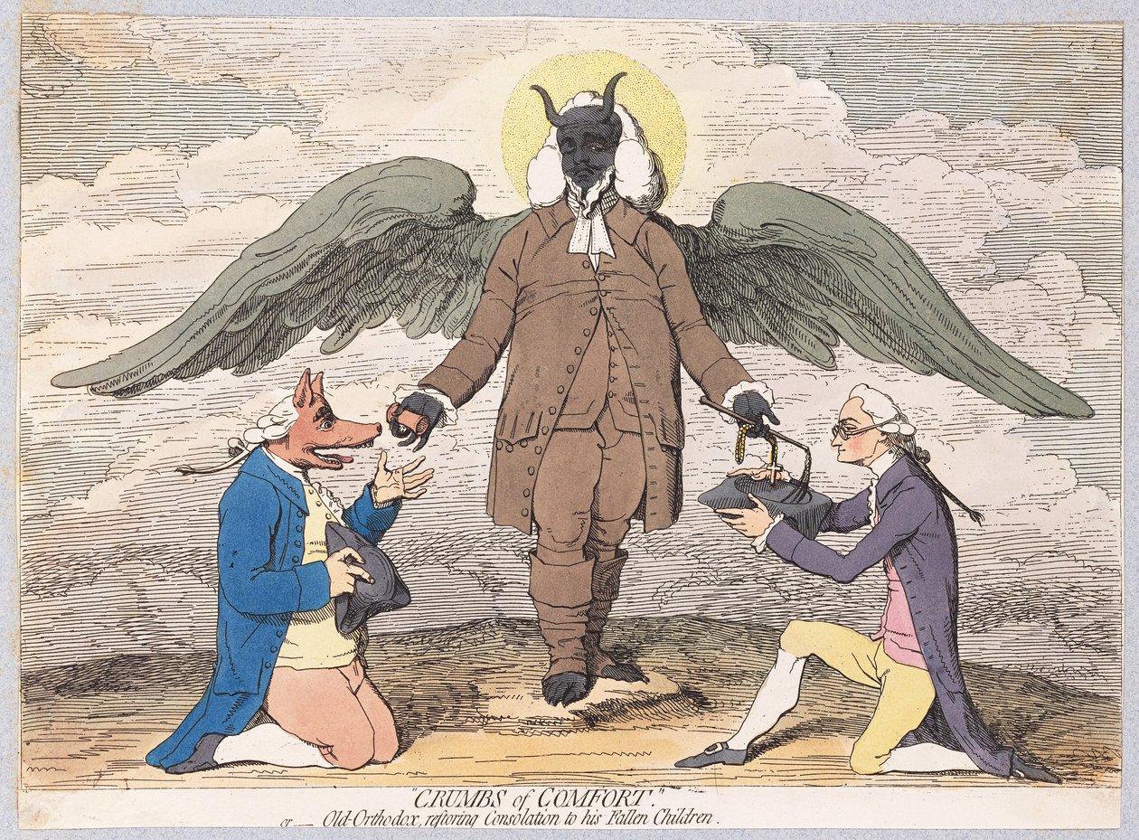 Krümel des Trostes oder der alte Orthodoxe stellt seinen gefallenen Kindern Trost wieder her, veröffentlicht 1782 (handkolorierter Stich) von James Gillray