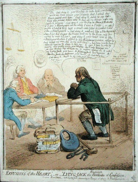 Herzergüsse, oder Lügner Jack der Schmied bei der Beichte, veröffentlicht von Hannah Humphrey im Jahr 1795 für die Philanthropische Gesellschaft von James Gillray