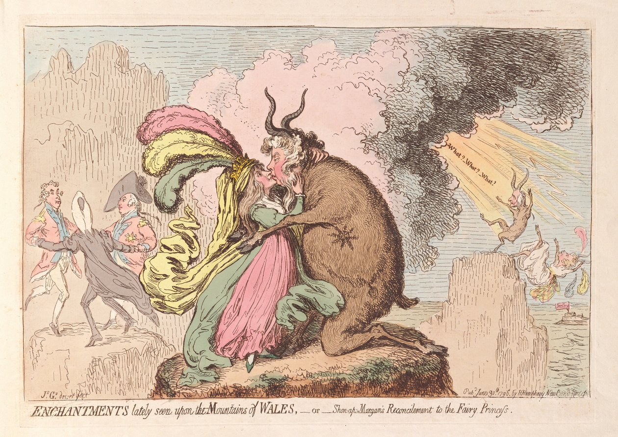 Verzauberungen, die kürzlich auf den Bergen von Wales gesehen wurden oder Shon-ap Morgans Versöhnung mit der Feenprinzessin, veröffentlicht 1796 von James Gillray