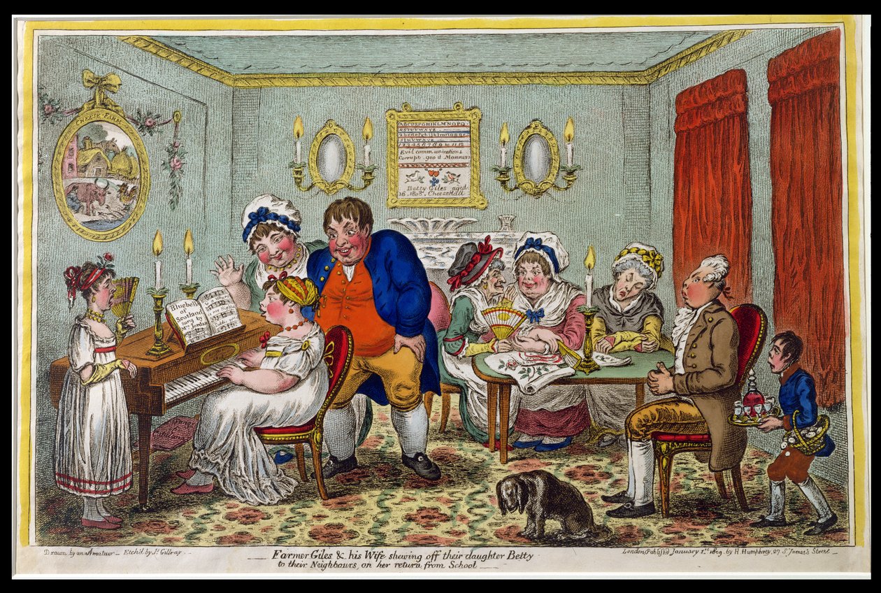 Bauer Giles und seine Frau zeigen ihren Nachbarn ihre Tochter Betty bei ihrer Rückkehr aus der Schule, veröffentlicht von Hannah Humphrey im Jahr 1809 von James Gillray