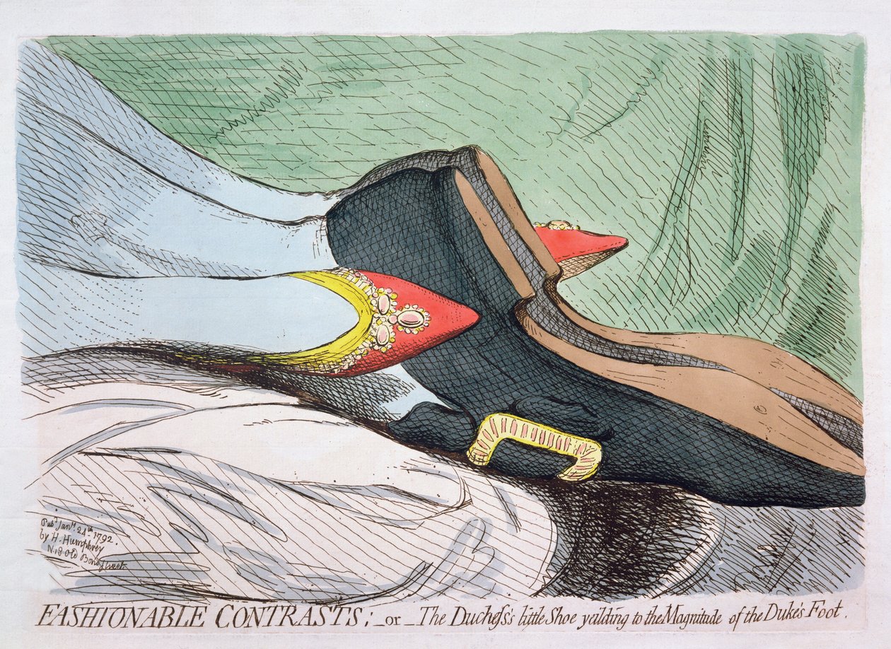 Modische Kontraste, oder Der kleine Schuh der Herzogin weicht der Größe des Fußes des Herzogs, veröffentlicht von Hannah Humphrey 1792 von James Gillray