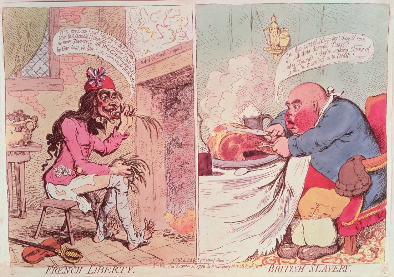 Französische Freiheit: Britische Sklaverei, ca. 1789, satirischer Cartoon von James Gillray