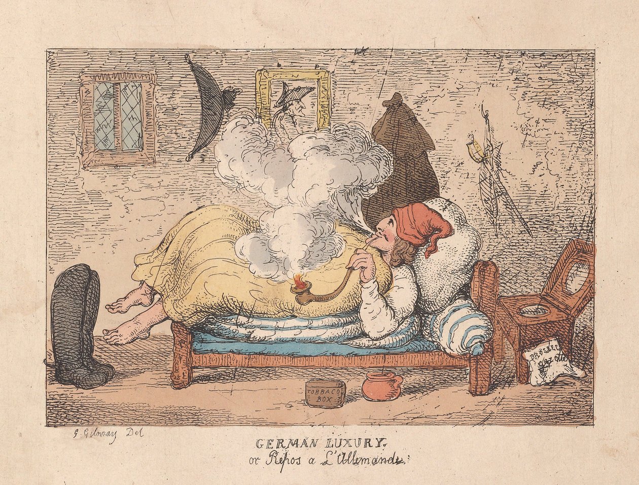Deutscher Luxus oder Ruhe auf Deutsch, veröffentlicht 1800 (handkolorierter Stich) von James Gillray