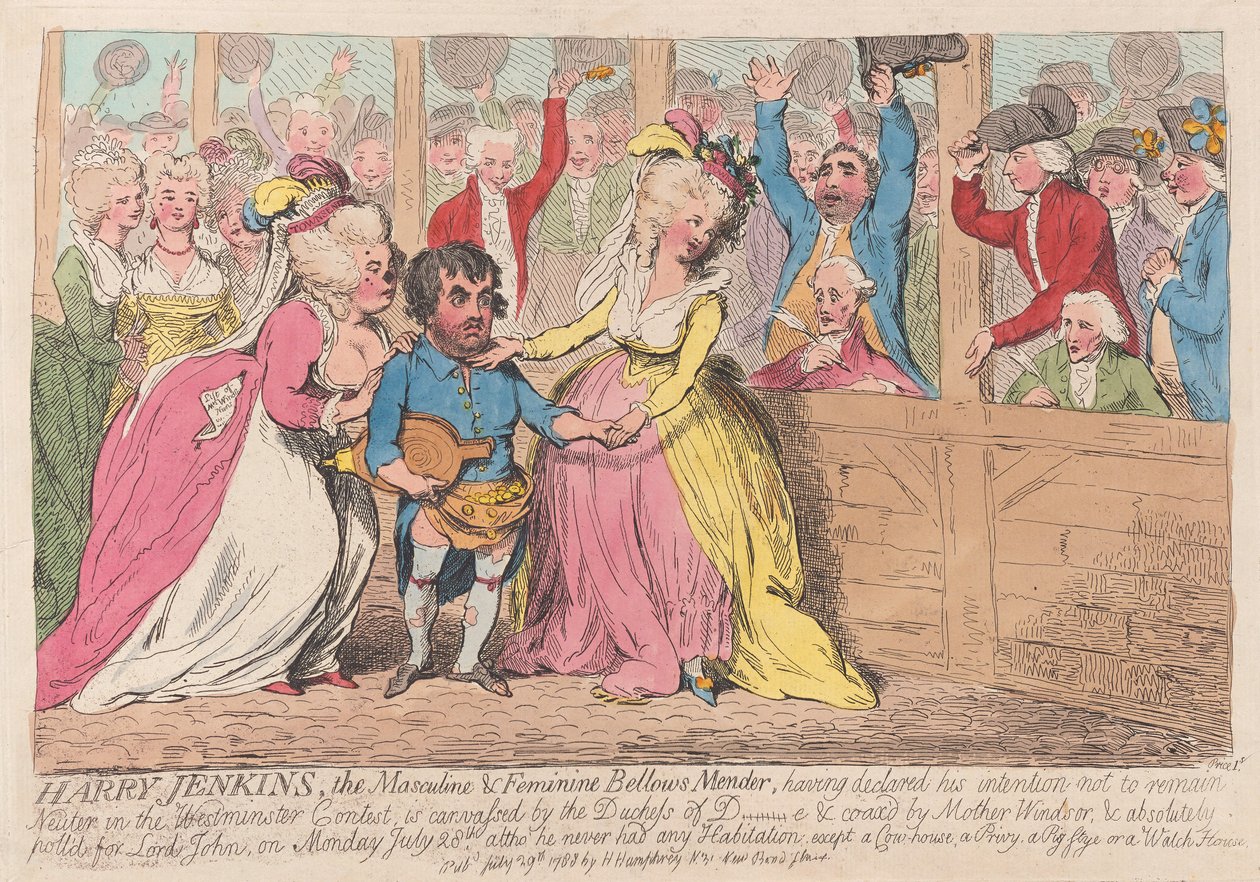 Harry Jenkins, der männliche und weibliche Blasebalgreparateur, veröffentlicht 1788 von James Gillray