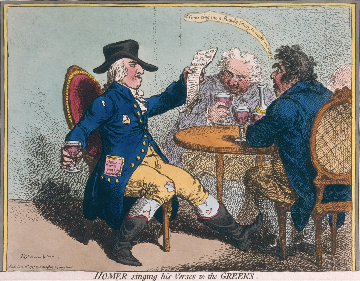 Homer singt seine Verse den Griechen, veröffentlicht von Hannah Humphrey 1797 von James Gillray