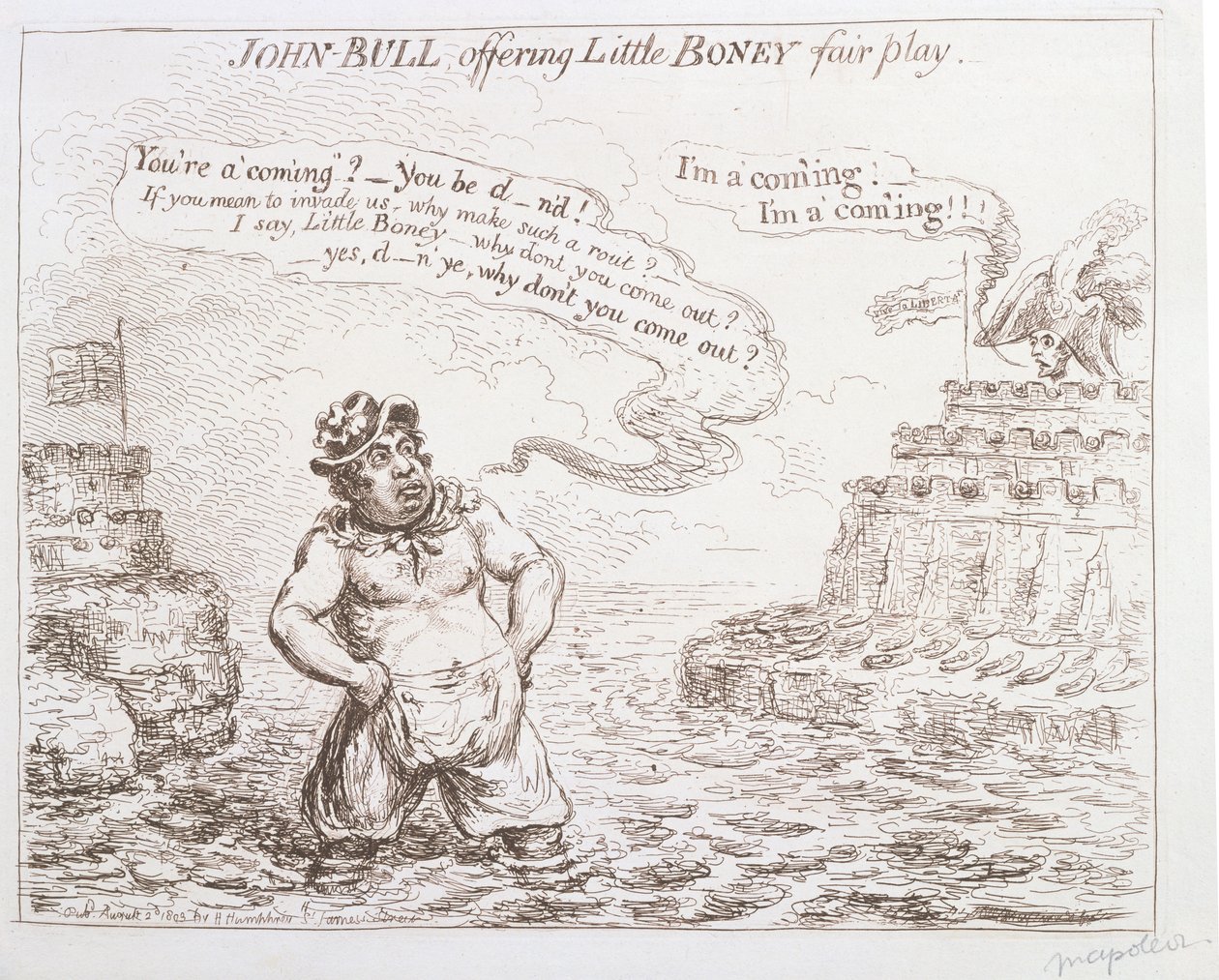 John Bull bietet Little Boney fair play an, veröffentlicht von Hannah Humphrey im Jahr 1803 von James Gillray