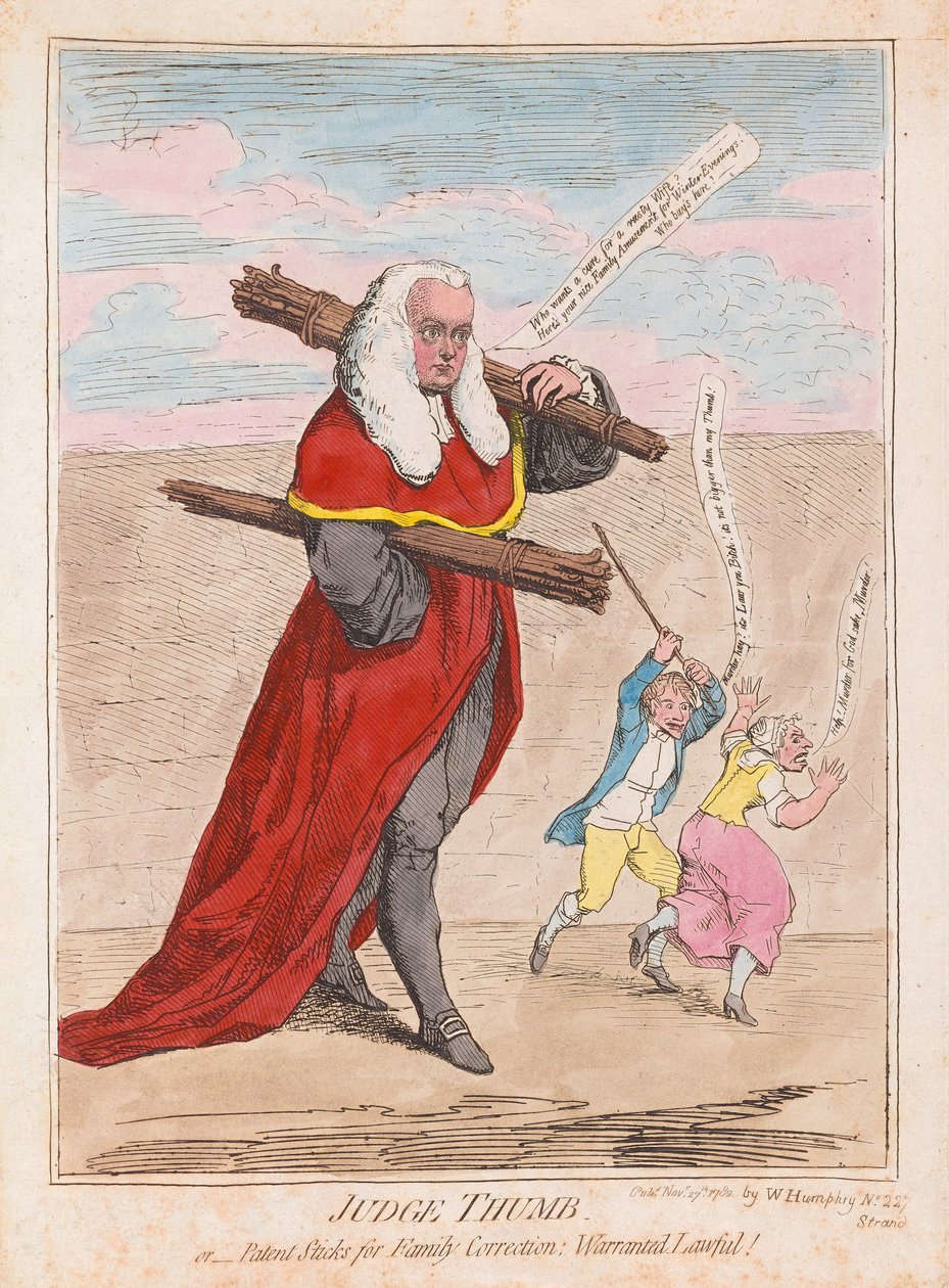Richter Daumen oder Patentstöcke für Familienkorrektur, gesetzlich garantiert, veröffentlicht 1782 (handkolorierter Stich) von James Gillray