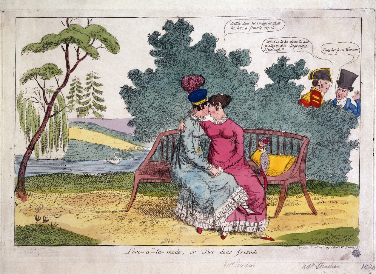 Lady Strachan und Lady Warwick machen Liebe in einem Park, während ihre Ehemänner missbilligend zusehen. von James Gillray