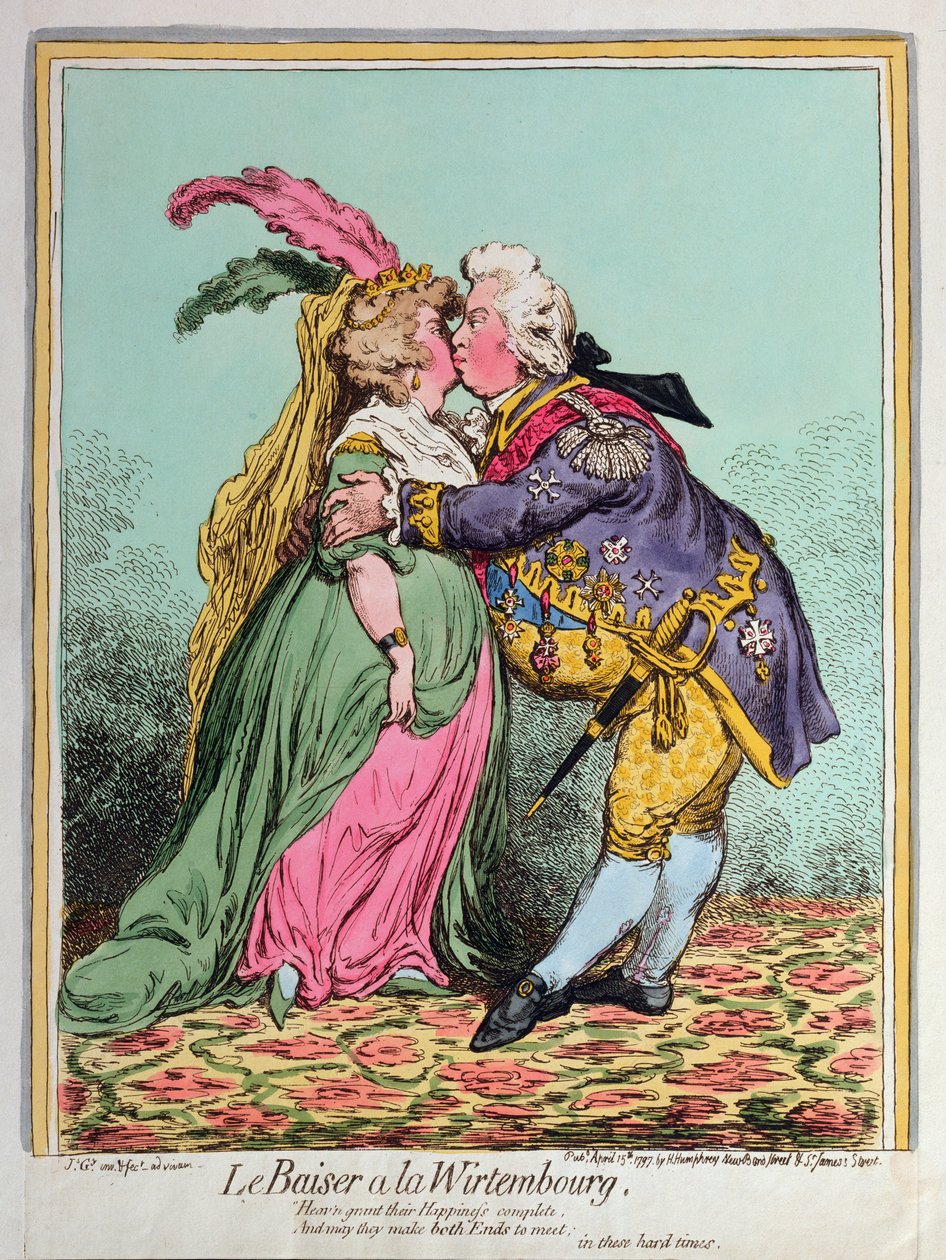 Le Baiser à la Wirtembourg, veröffentlicht von Hannah Humphrey im Jahr 1797 von James Gillray