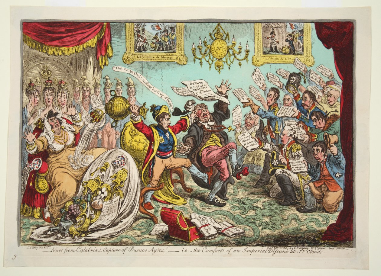 Nachrichten aus Kalabrien! Eroberung von Buenos Ayres! - d.h. - die Annehmlichkeiten eines kaiserlichen Frühstücks in St. Clouds, veröffentlicht 1806 (handkolorierte Gravur) von James Gillray