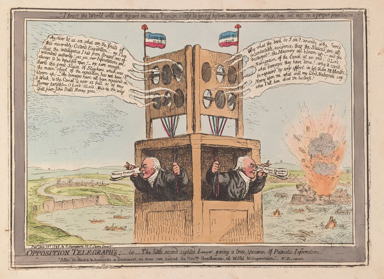 Oppositionstelegraphen oder der kleine hellsichtige Anwalt gibt ein wahres Beispiel patriotischer Information, veröffentlicht 1798 von James Gillray