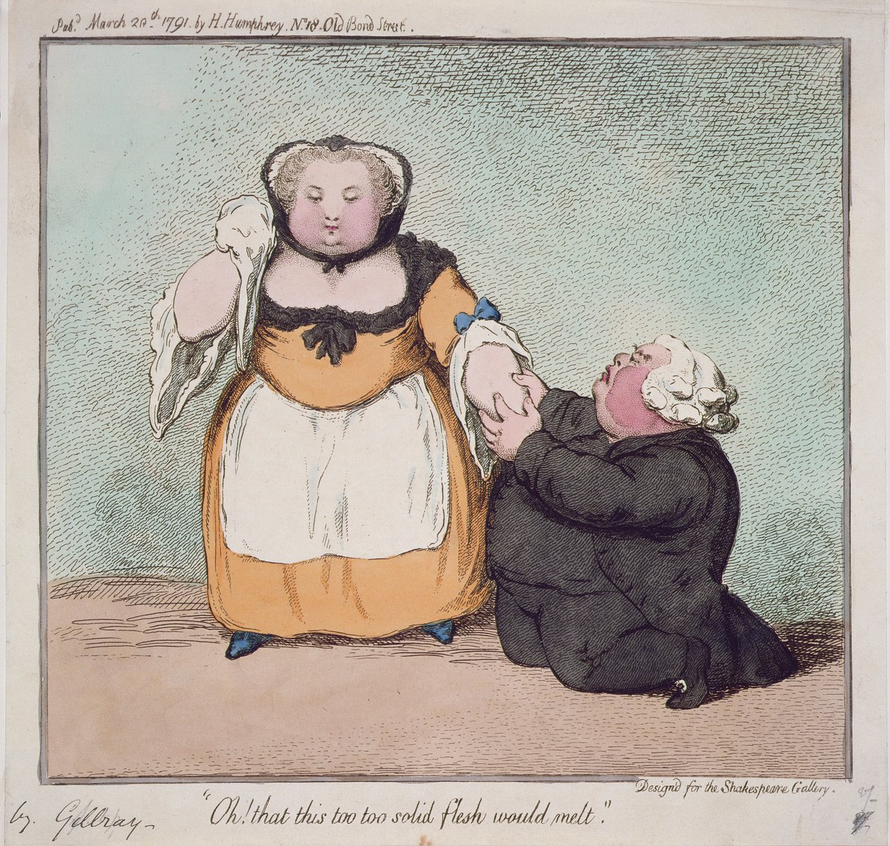 Oh, dass dieses allzu feste Fleisch schmelzen würde, Zitat aus Hamlet, Akt I. Szene I, entworfen für die Shakespeare-Galerie, veröffentlicht von H. Humphrey, London, 1791 von James Gillray