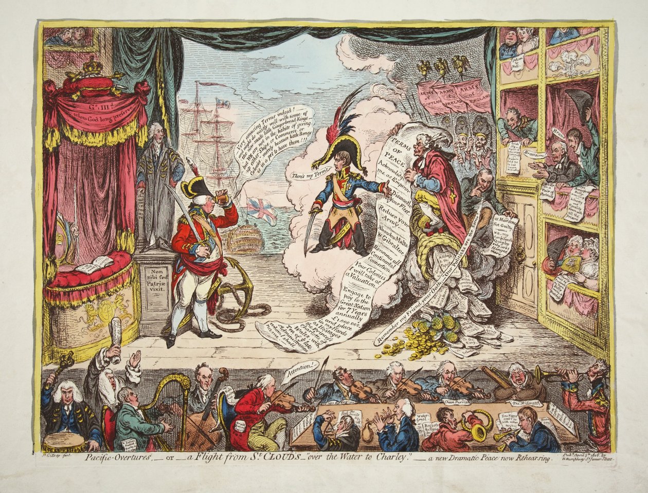 Pazifische Overtüren, - oder- ein Flug von St. Clouds- über das Wasser nach Charlet. - ein neues dramatisches Friedensstück, jetzt in Probe, veröffentlicht 1806 (handkolorierte Gravur) von James Gillray