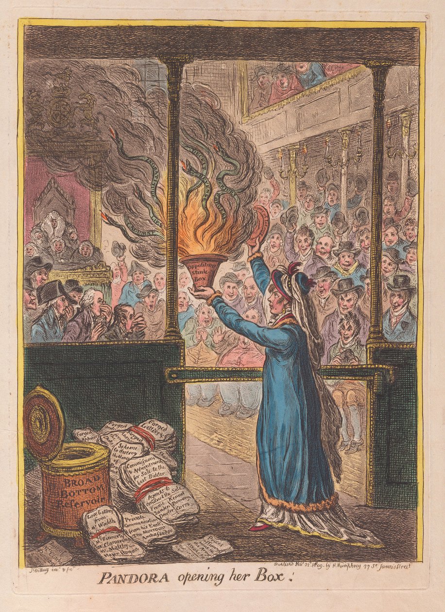 Pandora öffnet ihre Büchse, veröffentlicht 1809 von James Gillray