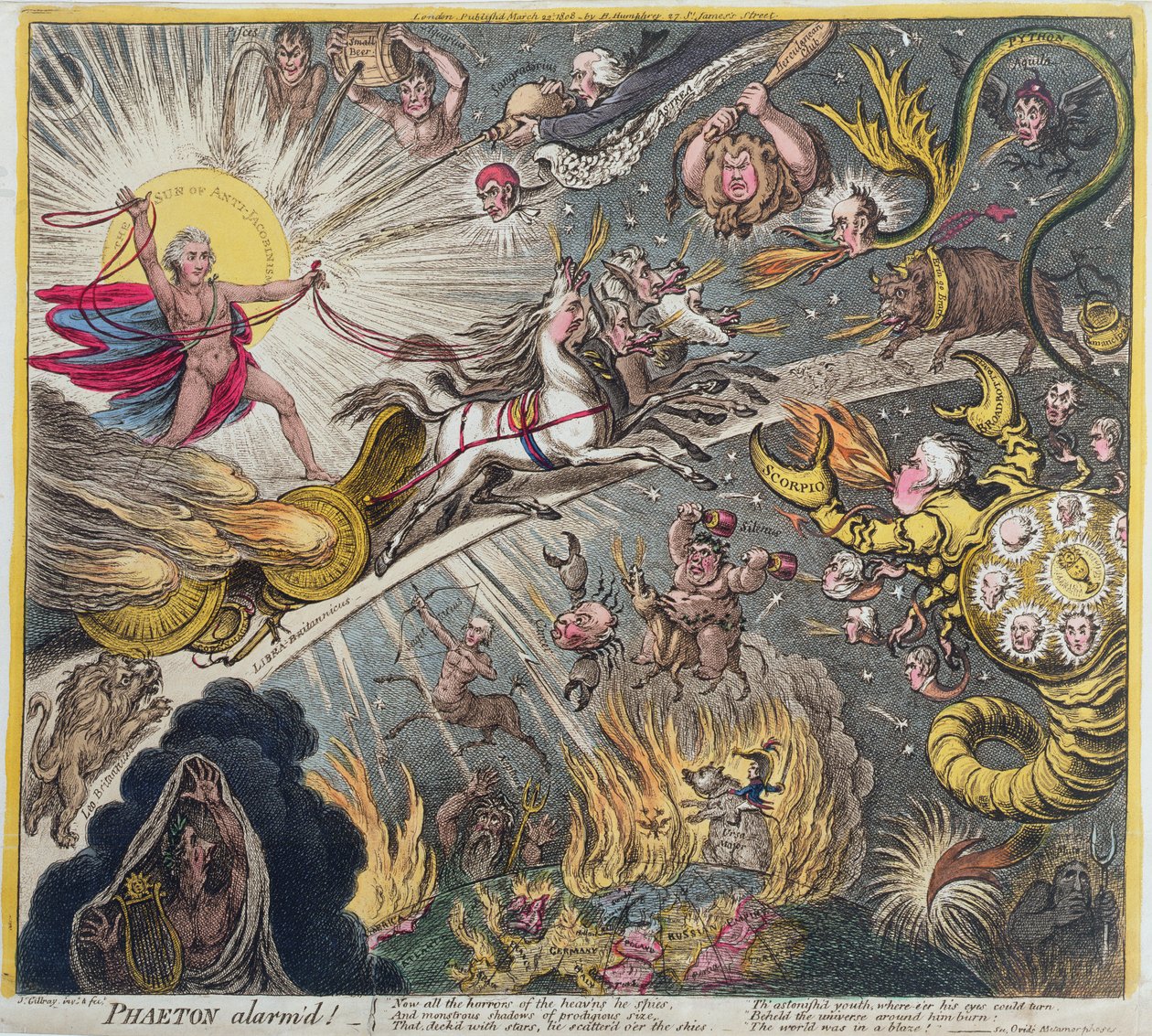 Phaeton erschrocken, veröffentlicht von Hannah Humphrey in 1808 von James Gillray