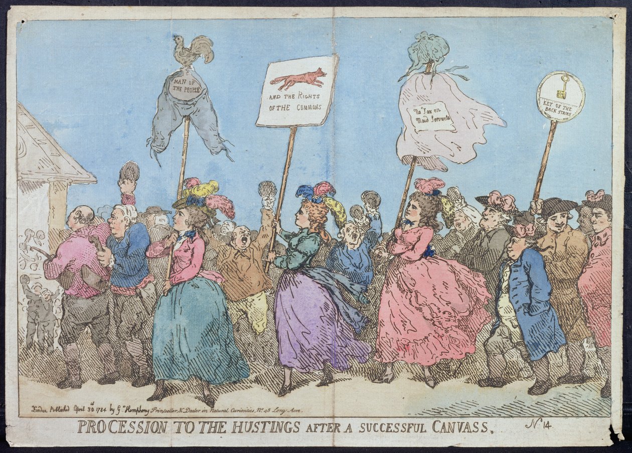 Prozession zu den Wahlurnen nach einer erfolgreichen Wahlkampagne, veröffentlicht von G. Humphrey im Jahr 1784 von James Gillray