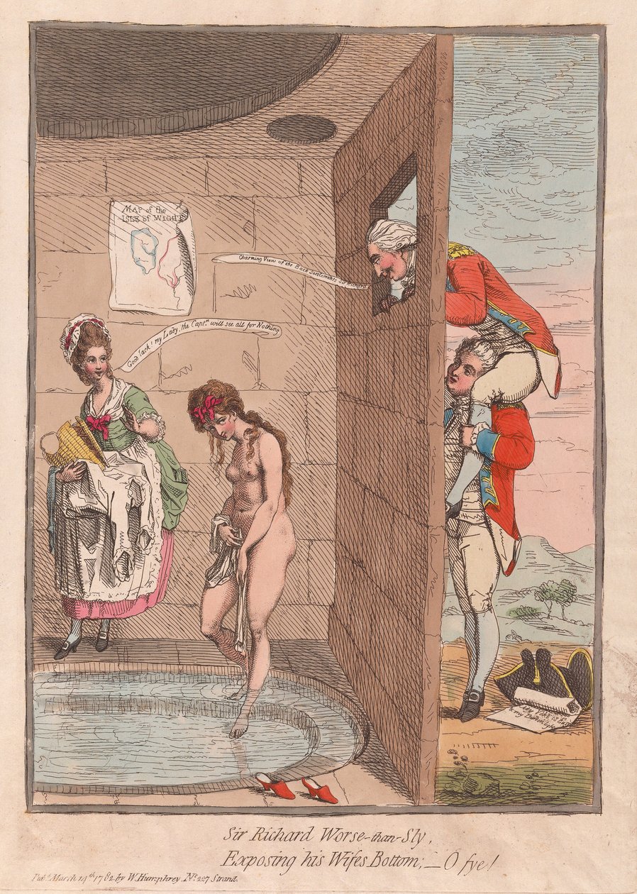 Sir Richard Schlimmer-als-Sly, entblößt den Hintern seiner Frau - O weh!, veröffentlicht 1782 von James Gillray