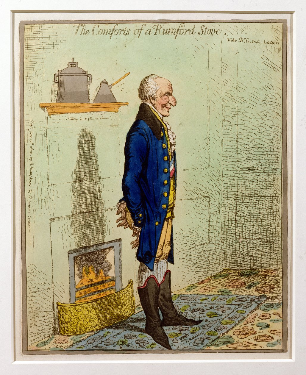 Die Annehmlichkeiten eines Rumford-Ofens, veröffentlicht von Hannah Humphrey, 1800 von James Gillray