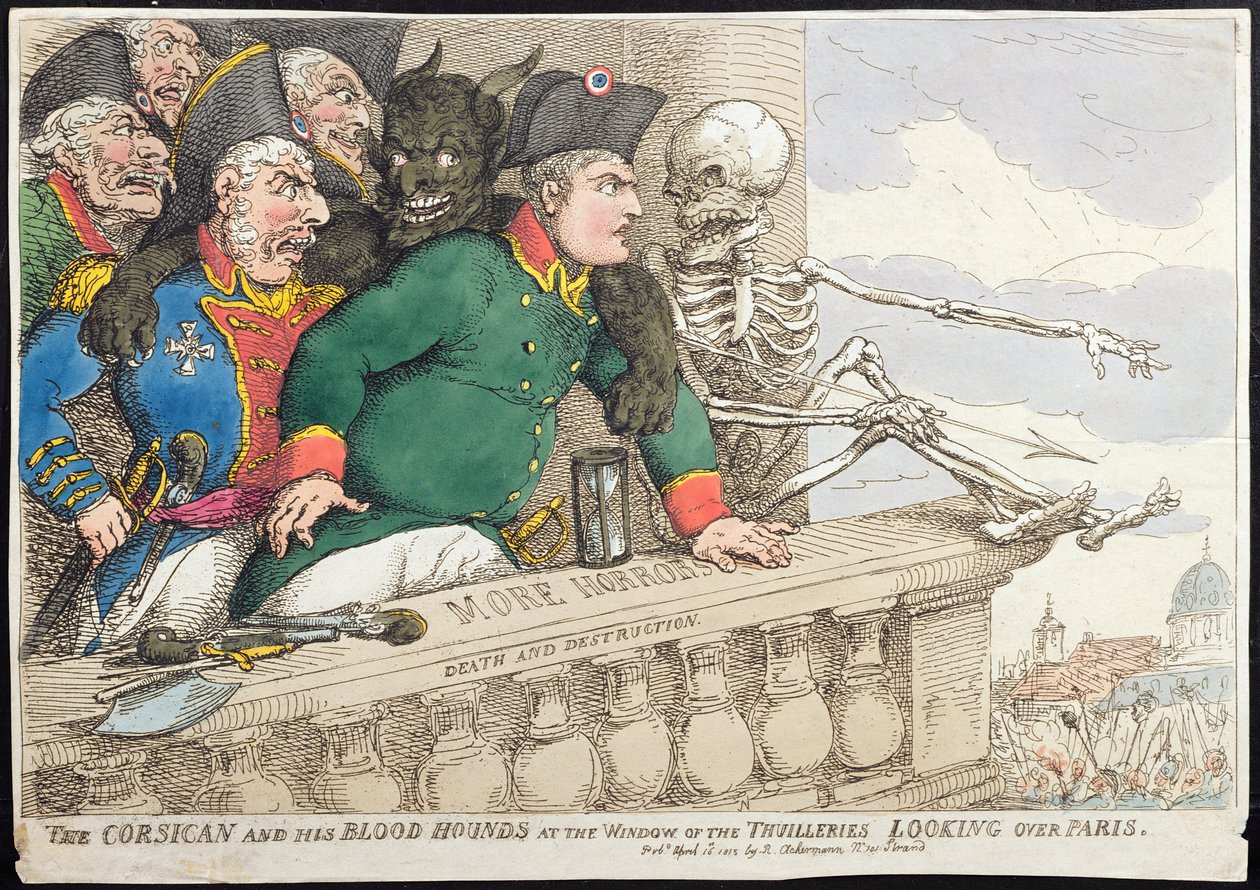 Der Korsikaner und seine Bluthunde am Fenster der Tuilerien, Blick über Paris, veröffentlicht von Hannah Humphrey 1815 (handkolorierte Radierung) von James Gillray