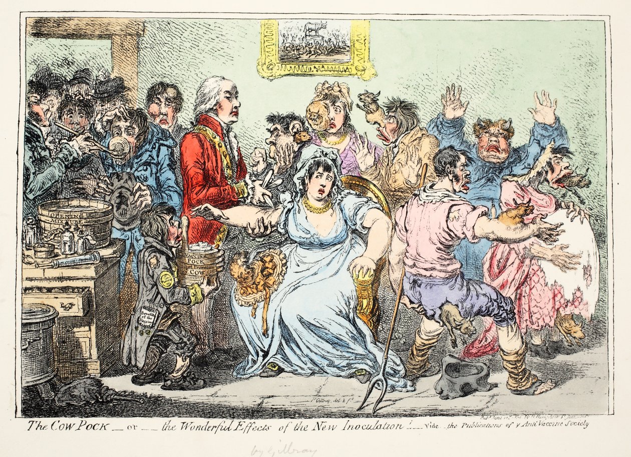 Die Kuhpocken oder wunderbare Effekte der neuen Impfung! Siehe die Veröffentlichungen der Anti-Impf-Gesellschaft, veröffentlicht von H. Humphreys von James Gillray