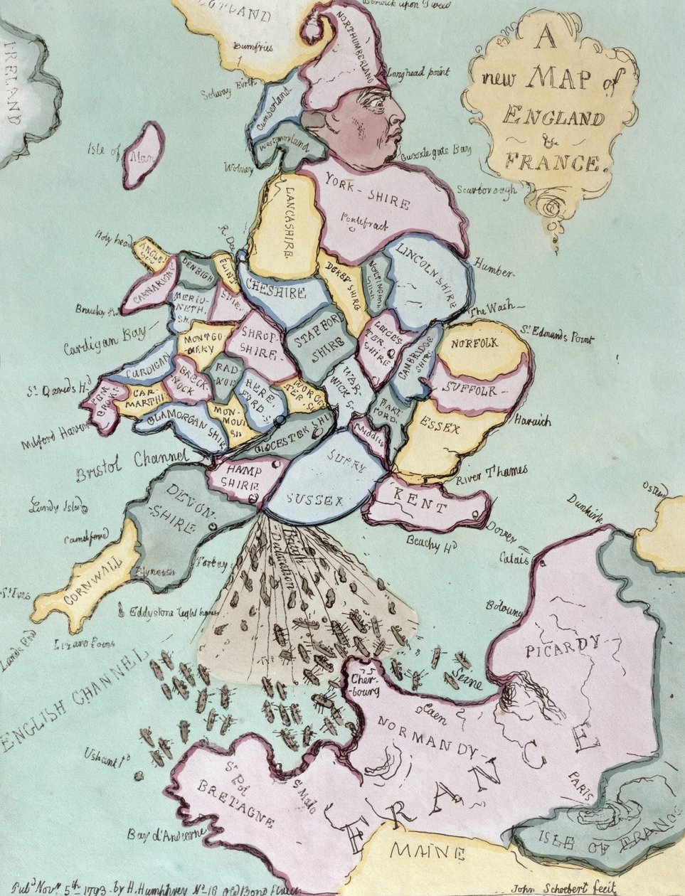Die französische Invasion, oder John Bull bombardiert die Bum-Boote, veröffentlicht von Hannah Humphrey im Jahr 1793 von James Gillray
