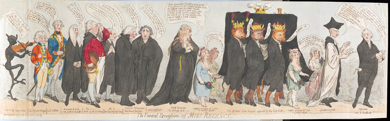 Der Trauerzug von Miss Regency, veröffentlicht 1789 von James Gillray