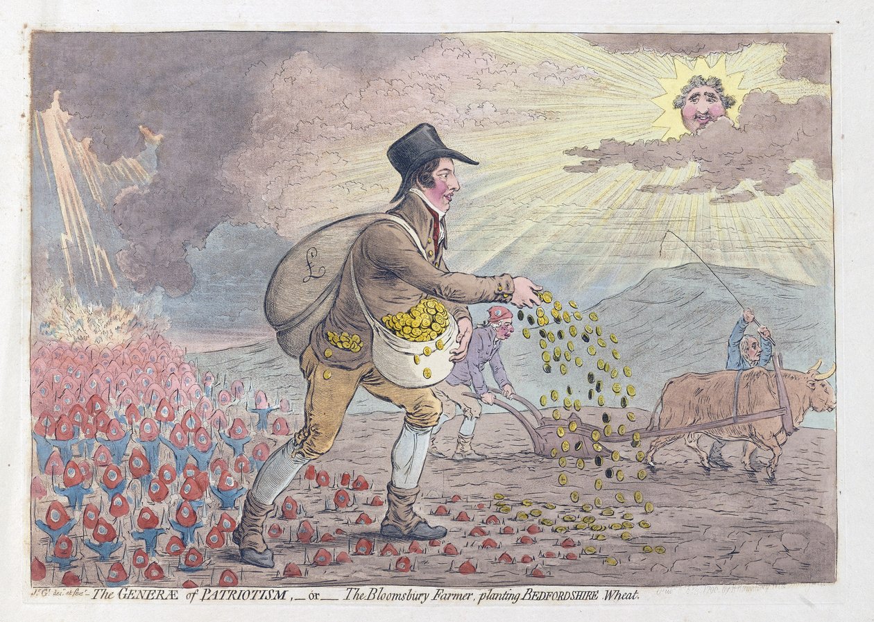 Die Generäle des Patriotismus oder der Bloomsbury-Bauer pflanzt Bedfordshire-Weizen, veröffentlicht 1796 von James Gillray