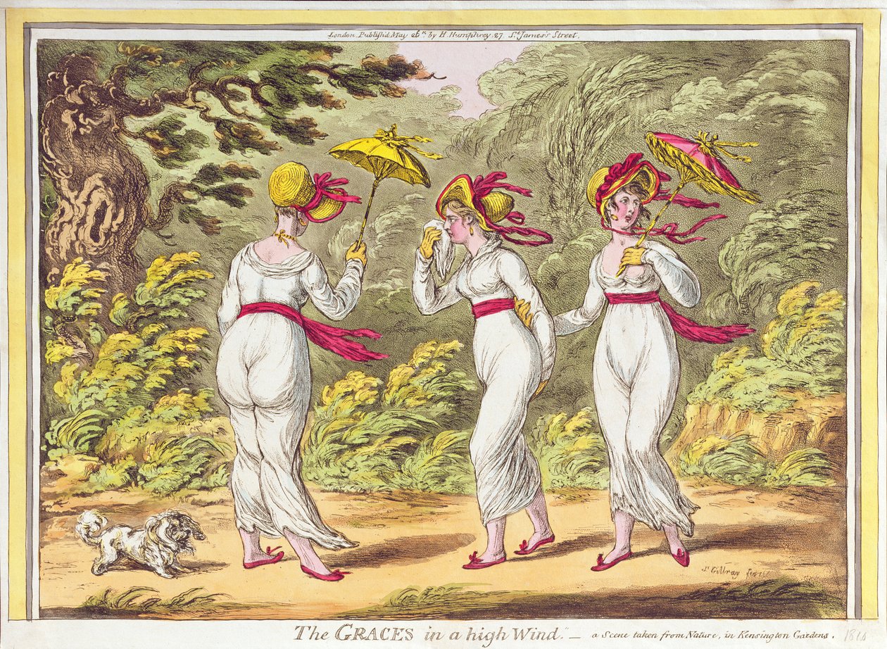 Die Grazien im starken Wind, eine Szene aus der Natur in den Kensington Gardens, veröffentlicht von Hannah Humphrey, 1810 von James Gillray