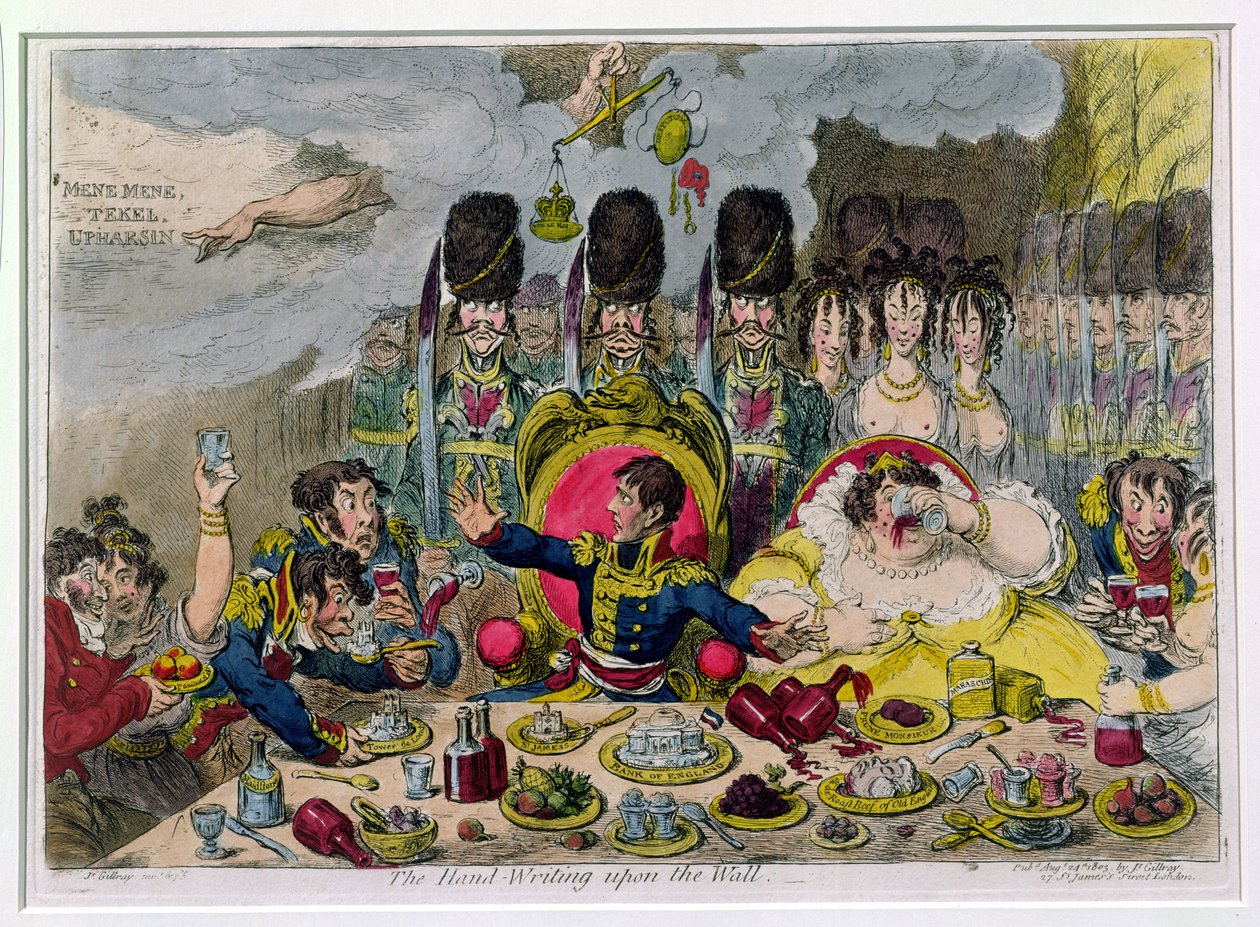 Die Handschrift an der Wand, veröffentlicht von Hannah Humphrey in 1803 (handkolorierte Radierung) von James Gillray