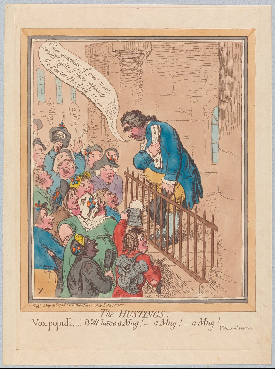 Die Wahlversammlung. Vox Populi: Wir wollen einen Krug! Einen Krug! Einen Krug!, veröffentlicht 1796 von James Gillray