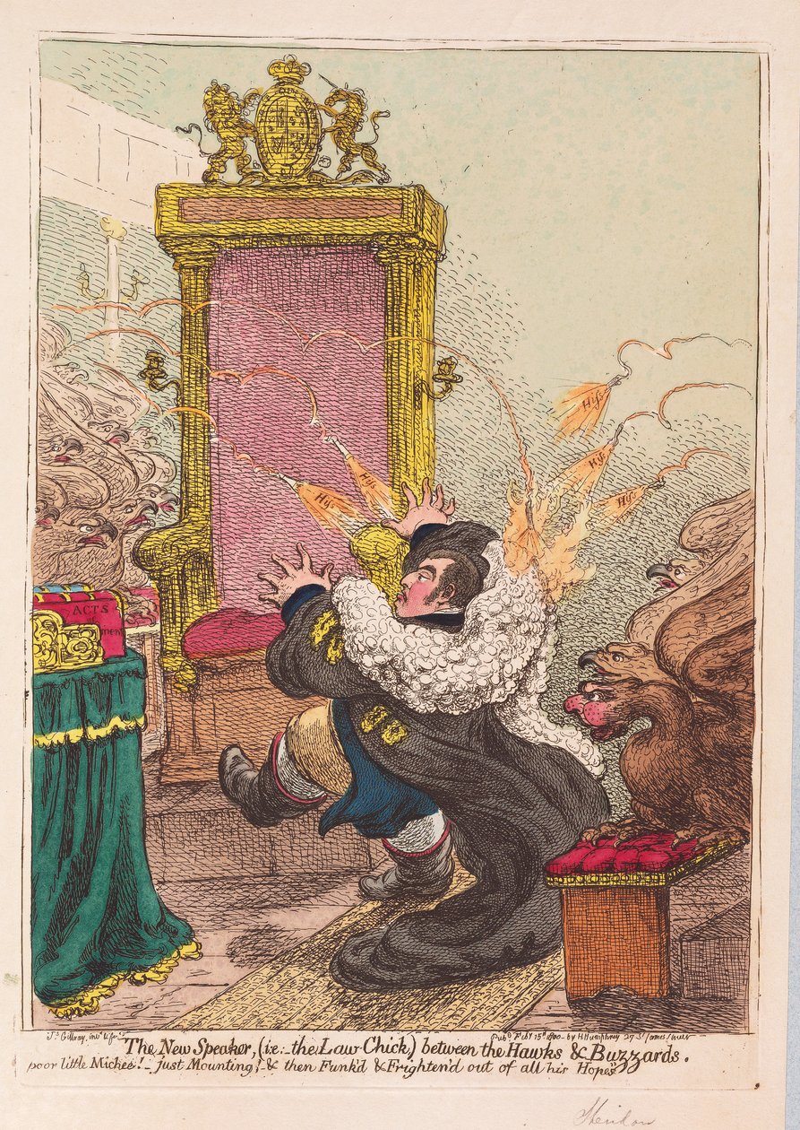 Der neue Sprecher, (d.h. das Gesetz-Küken) zwischen Falken und Bussarden, veröffentlicht 1800 (handkolorierte Gravur) von James Gillray