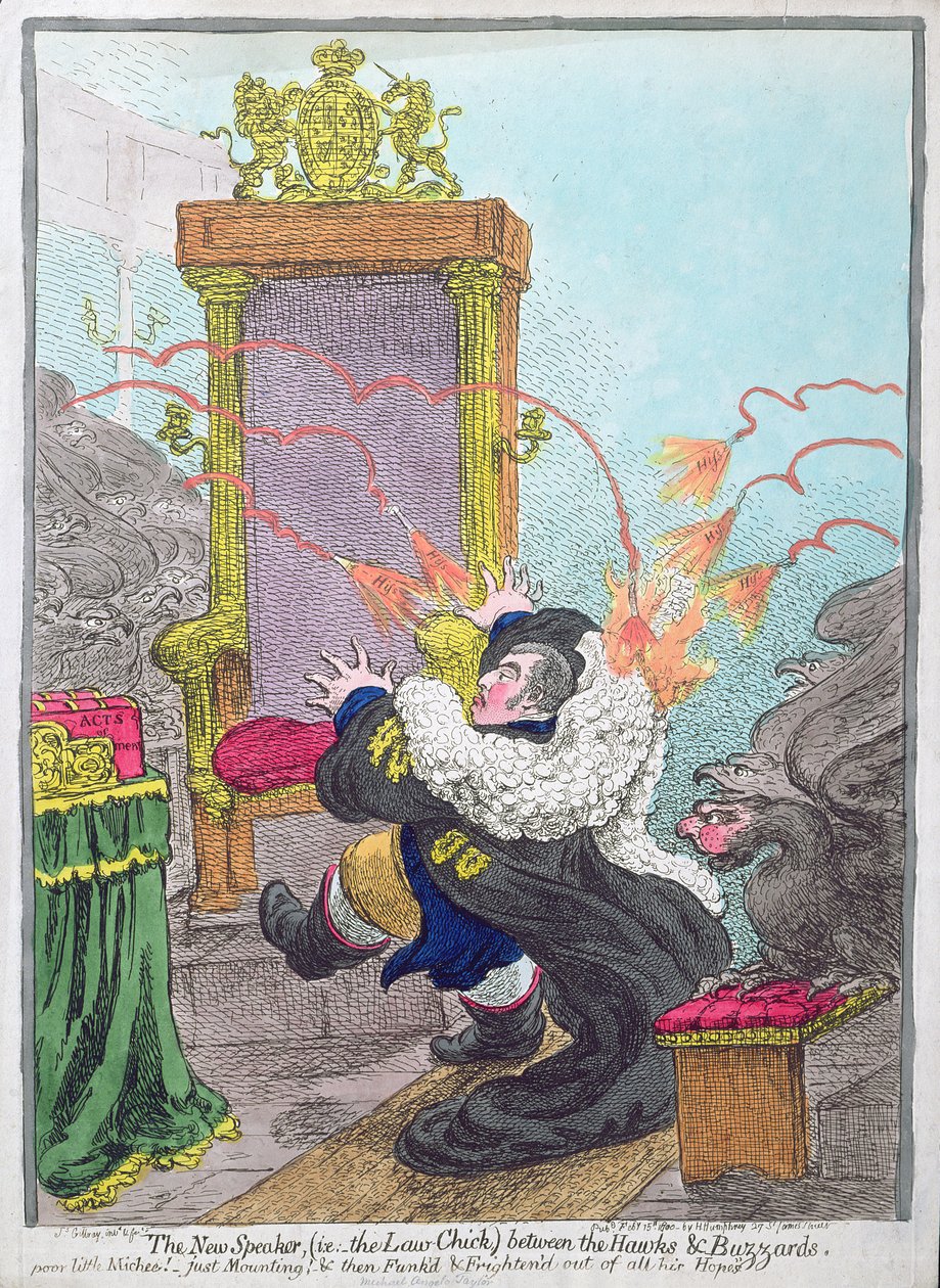 Der neue Sprecher (d.h. das Gesetz-Küken) zwischen den Falken und den Bussarden, veröffentlicht von Hannah Humphrey von James Gillray