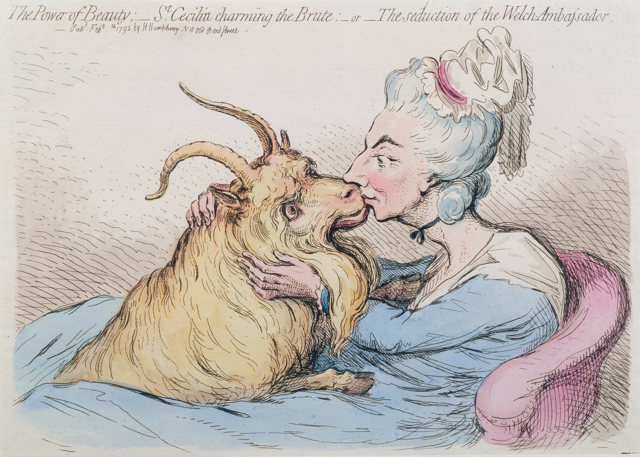 Die Macht der Schönheit: St. Cäcilia bezaubert das Tier, oder Die Verführung des walisischen Botschafters, veröffentlicht von Hannah Humphrey 1792 von James Gillray